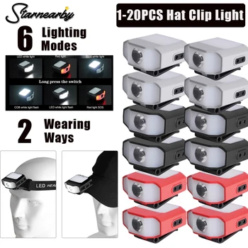 1-20PCS Clip del Capuchón en la Luz de los Faros De 6 Modo de la MAZORCA LED de los Faros USB Recargable Lámpara de Cabeza Cabeza Inductiva Cap Hat Luz de Clip en la Luz