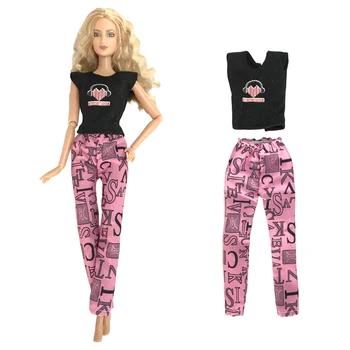 1 Conjunto de Música Popular de Estilo Casual sin Mangas de la División de la camisa T-shirt Negro + Rosa Pantalones Para Muñeca Barbie Accesorios Juguetes