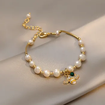 100% Natural Barroco Perlas de agua Dulce Dulce Abeja Diseño de 14K de Oro Lleno de Mujeres de la Pulsera del Encanto de la Joyería Para las Mujeres Regalos