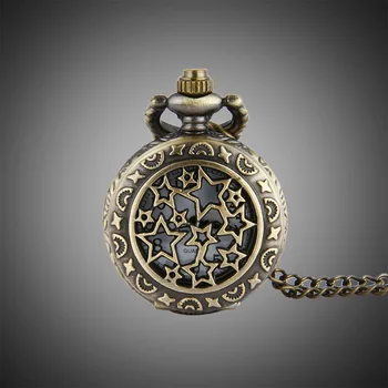 100pcs/lote Vintage Ahuecado Estrella de Bolsillo de Cuarzo Reloj de las Mujeres de los Hombres de Tamaño Pequeño reloj de bolsillo Collar de Regalo del Reloj de Mayoreo