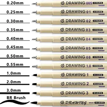 12Pcs Dibujo Arte Plumas 0.1 mm Negro Micro Fineliner de Dibujo Manga Lápiz Pincel de Arte Marcadores Impermeable Boceto Lápiz Papelería