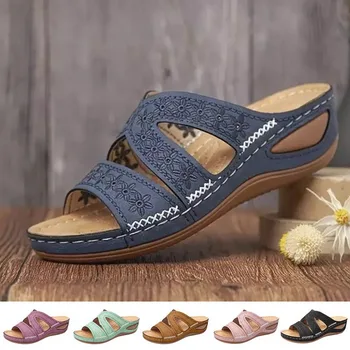 2022 Verano de las Mujeres Sandalias de Cuña de la Prima Ortopédico Dedo del pie Abierto Sandalias Vintage Anti-slip de Cuero Casual Femenina de la Plataforma Retro Zapatos