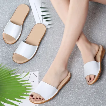 2023 de la Moda de Cuero Genuino Zapatos de Playa Mujeres Plana Talones Sandalias de las Descalzo Zapatillas Zapatillas-Mujer Blanco negro albaricoque