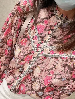2023 de la Primavera Verano de las Mujeres Cubiertas de los Botones de la Camisa de Colorido Floral de la Impresión O-cuello de la Vendimia Chemise la Mujer de Manga Larga de la Blusa