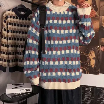 2023 Nuevos Cuadros Suéter de los Hombres de Desgaste Cómodo Jersey de Abrigo de Estilo coreano Cuello Redondo de punto suave Boutique de Ropa de Estilo Simple