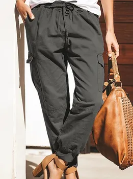 2023 Otoño de Algodón Oversize, los Pantalones de las Mujeres de Negro de Cintura Elástica Bolsillos Cordón Pantalones Casuales Mujeres Sueltas de la Moda de la Señora de Abajo