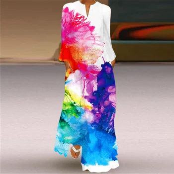 2023 Otoño Primavera de Blanco Vestido Largo Mujer Beach Casual de Vacaciones de la Impresión 3D de Vestido de Fiesta Elegante Suelta de Manga Larga Vestido de la Vendimia