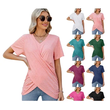 2023 Verano de las Nuevas Mujeres Multicolor Torcido Superior V-Cuello Casual de Manga Corta T-shirt Ropa Elegante Para la Fiesta de la Familia