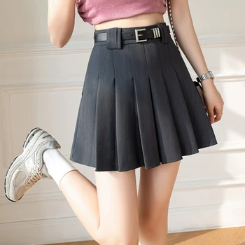 2023 Verano Nueva altura de la Cintura Una línea de Plisado Falda Mini coreano de la Moda de Traje de Faldas Grises de las Mujeres Casual falda Corta Con Cinturón