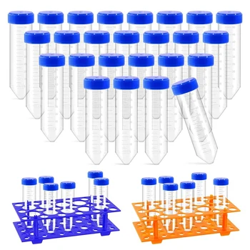 27Pcs de Plástico de 50 ml Tubos de Ensayo Con Bastidor de tubos de Ensayo, Incluyendo 25Pcs de Plástico Tubos de Centrífuga Y 2Pcs de Naranja a Azul B