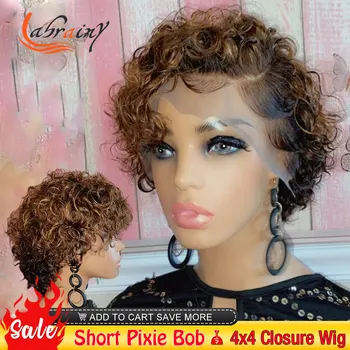 4x4 Pixie de Encaje Frontal de Pelucas de Cabello Humano Brasileño Kinky Curly Bob Frente de Encaje Resaltar la Miel Rubia de Color Rizado Peluca Completa de las Mujeres