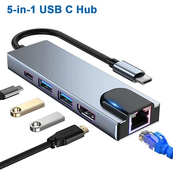 5 en 1 Hub USB HDMI de Tipo C-compatible con el Adaptador Multipuerto Con Salida USB 3.0 2.0 Ethernet RJ45, USB C EP Puertos de Carga