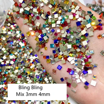 50PCS Mezcla de Vidrio AB/Colorido Revisión de diamantes de Imitación de las planas de la Plaza de Diamante de Cristal Joyas 3D Glitter Para el Arte de Uñas Decoración de Lujo