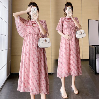 6977# 2023 Verano coreano de la Moda Floral Impreso de Maternidad Vestido Largo Elegante Una Línea Delgada de Ropa para Mujeres Embarazadas el Embarazo