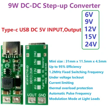 9W Tipo mini-C USB DC 5V 6V-9V 12V 15V 24V DC DC Boost Paso del Convertidor PWM PFM Módulo Regulador de Voltaje