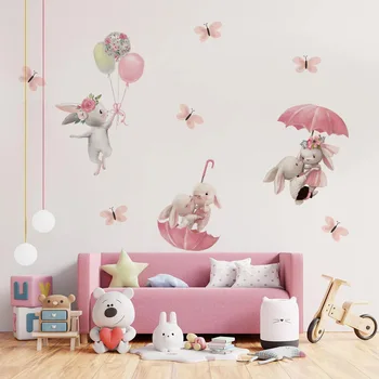 Acuarela de dibujos animados conejo de papel tapiz cuarto del bebé de los niños de la sala de sala de estar dormitorio de la decoración del hogar conejo globo de la etiqueta engomada