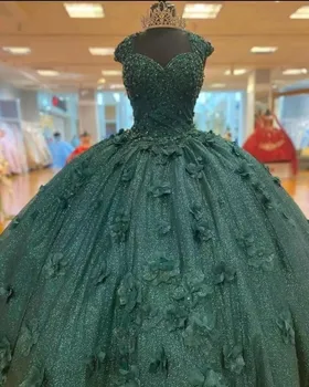 ANGELSBRIDEP Verde Brillante Vestidos de Quinceañera Vestido de Bola de puntillas Floral de Encaje Correas Desmontables Vestidos De 15 Anos de Baile Vestido de Fiesta