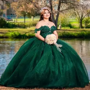 ANGELSBRIDEP Verde Esmeralda Vestido de Bola Vestidos de Quinceañera de Encaje Cristales Perlas Lentejuelas Encaje hasta Vestidos De 15 Años Vestido de Cumpleaños