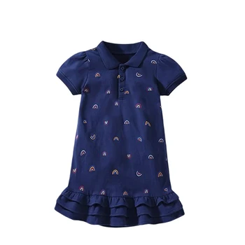 Arco iris de Impresión Vestido de las Niñas de Bebé Precioso Vestido Casual de Verano de los Niños Vestido de Azul marino Bastante de Algodón Suave Ropa para Niño