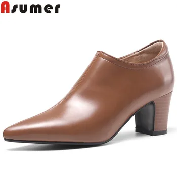 ASUMER 2023 Tamaño 31-46 Nuevo de la Vendimia del Cuero Genuino Zapatos de Mujer Gruesa zapatos de Tacón Alto de las Bombas de la Cremallera del Vestido de las Señoras Zapatos