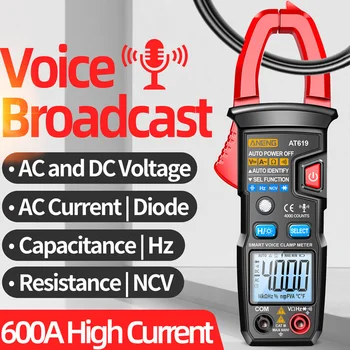 AT619 Digital de Emisión de Voz Multímetro Pinza Profesional de AC/DC Medidor de Pinza Amperimétrica de Corriente con la Pinza Tester para Electricista