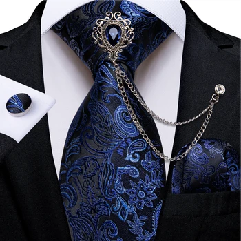 Azul de Cachemira de los Hombres Negros de Cuello de Corbata, Pañuelo Gemelos de Lujo de la Boda Accesorios de Lujo de la Broche de la Cadena de Regalo Para los Hombres