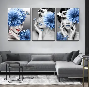 Azul de la flor femenina en la pintura decorativa de crisantemo arte abstracto, las mujeres modernas simple sala de estar Nórdicos
