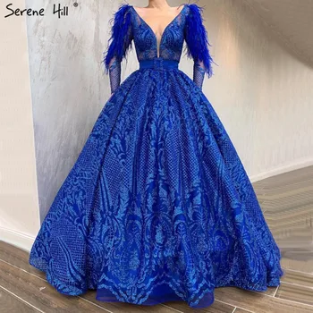 Azul el Último Diseño de manga Larga Vestidos de Baile 2023 Dubai V-Cuello de Plumas Sexy Vestidos de fiesta Serena Hill BLA70050