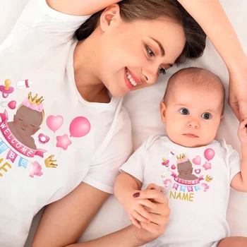 Baby Shower Parte De La Familia De La Camiseta De La Niña Negra De Nacimiento Celebración De Nombre Personalizado Camiseta De Bienvenida De Bebé Mono Papá Mamá Hijos Coincidencia