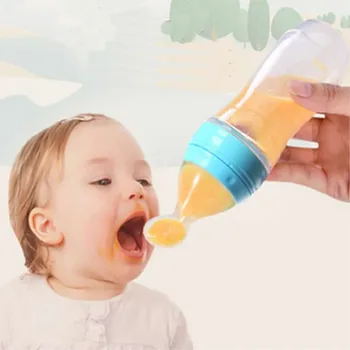 Bebé Biberón Con Cuchara de 90ml de Silicona Recién nacido Exprimir Cuchara Niño pequeño Suplemento de Alimentos de alimentos de Cereales de la Botella de Leche Alimentador