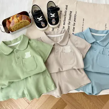 Bebé niños niñas oso camisa de polo de ropa deportiva de verano de manga corta ropa de la madre de los niños loungewear guarniciones