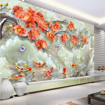 beibehang en 3D Hermoso Ciruela peces creativo tridimensional de la talla del jade TV fondo pared personalizados de gran fondo de pantalla verde