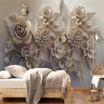 beibehang Personalizado Mural de papel pintado Hermoso Relieve 3D Floral Mariposa Dormitorio TV Fondo Pared de Papel en 3d estereoscópico wallpa