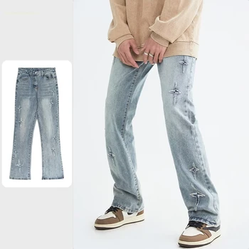Blue Jeans Hombres de la Moda Retro Casual Vaqueros Rectos de los Hombres Ropa de Hip Hop Suelto Ancho de la Pierna de los Pantalones vaqueros para Hombre Pantalones Holgados 3XL