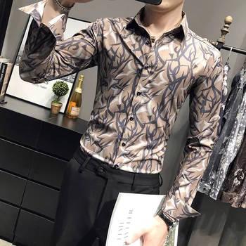 Botón De Retro Casual Camisas Para Hombres De Moda Impreso Para Hombre Ropa De Manga Larga Vestido Formal De La Camisa De Streetwear Chemise Homme V503