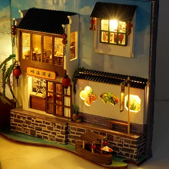 BRICOLAJE de Madera de casa de Muñecas en Miniatura de los Muebles con Luz LED Kit de Librería Casas de Muñecas Ensamblar Juguetes para los Niños Regalo de Navidad