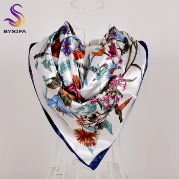 [BYSIFA] Nuevo Blanco de Satén de Seda de la Bufanda Chal Invierno Primavera Otoño Elegante Planta de Flores de la Plaza de las Bufandas de las Mujeres Musulmanas en la Cabeza un Pañuelo
