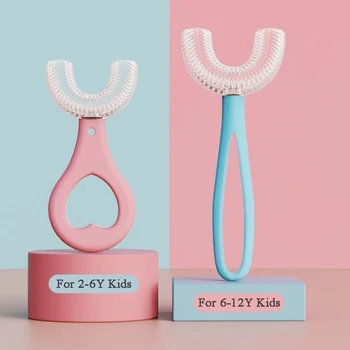 Caliente la Venta de 2-12 las Edades de los Niños Cepillo de dientes en Forma de U Bebé Cepillo de dientes con Mango de Silicona de Cuidado Oral Cepillo de Limpieza para los Regalos del Bebé