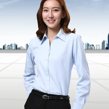 Camisa blanca de las mujeres de manga larga slim desgaste profesional V-cuello de negocios casual color sólido tocando fondo camisa azul, blanco, rosa, negro