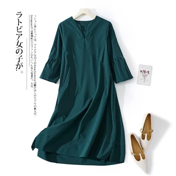 Casual Suelto Ropa de cama de Algodón Vestido de Mujer Primavera Verano V-cuello de la Vendimia de la Linterna Mangas Vestido Midi Mujer Traje