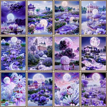 CHENISTORY Pintura Por Número de Flores de color Púrpura Y la Luna un Paisaje de Dibujo Sobre Lienzo pintado a mano Fotos Por Número de Kits de Decoración para el Hogar
