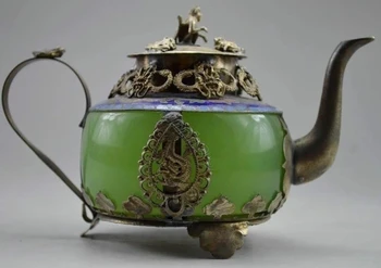 Coleccionables Antiguo Trabajo Hecho A Mano De Color Verde Jade & Tibet Plata Dragón Tetera Mono Tapa