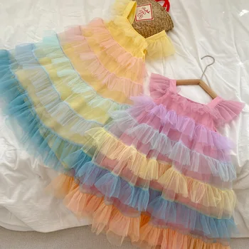 Colorido a Rayas sin Mangas de Malla Tutu Vestido Lindo arco iris Tarta de la Princesa de la Fiesta de Cumpleaños de las Niñas Vestidos de la Ropa de los Niños
