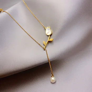 Coreano de la Moda Borla Collar de Perlas de las Mujeres de Titanio de Acero de la Cadena de Collares de Flores para Mujer Accesorios