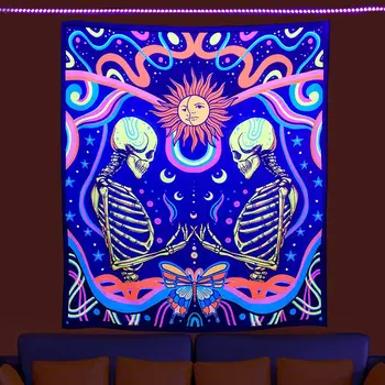 Cráneo Fluorescente Tapiz Sun Moon Glow-in-the-Oscuro Tapicería Decoración para el Hogar Estética Dormitorio Sala de estar Telón de fondo de la Decoración de Tapiz