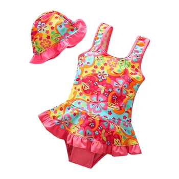 De 3 a 7 Años Niño Bebé Niños Niñas Verano Dulce, Trajes de baño Floral de Impresión de Volantes de los trajes de baño trajes de baño Traje de Baño con Sombrero