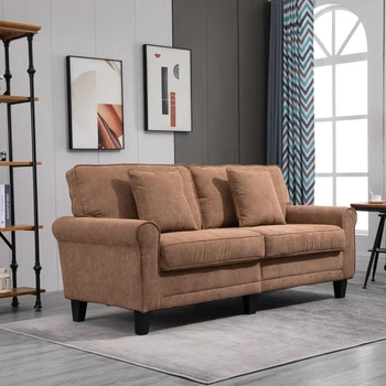 De 3 plazas, sofá de Pana sofá de la sala con pino piernas y brazos enrollados de color Marrón claro 77.5