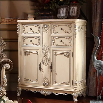 De estilo europeo, de madera maciza zapatero, blanco, tallado en madera de almacenamiento, porche lateral del gabinete, villa de lujo de los muebles