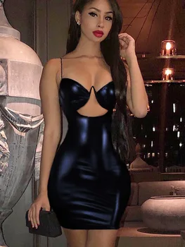 De la PU de correas espaguetis hueco sexy cintura alta delgada negro sólido 2023 verano de las mujeres de nueva fiesta de la moda bodycon mini vestido