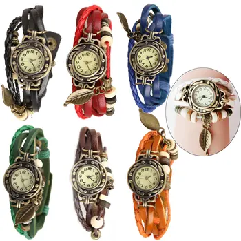 De la vendimia de la Pulsera de Tipo Reloj de Cuarzo, Correas de Cuero de la Correa, con forma de Hoja de Perlas, Adecuado para las Mujeres Estética Decorativa Versátil